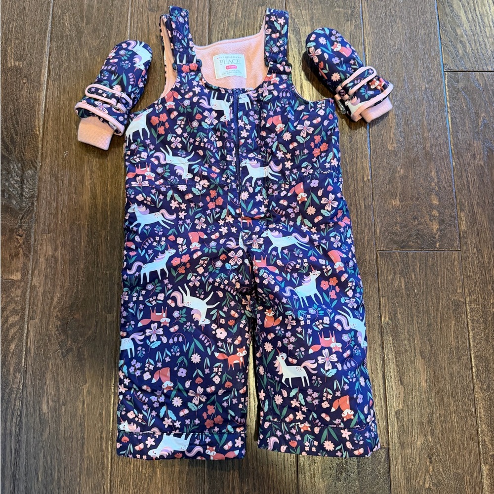 The Children's Place Unicorn Print Overalls Set - Navy and Pink